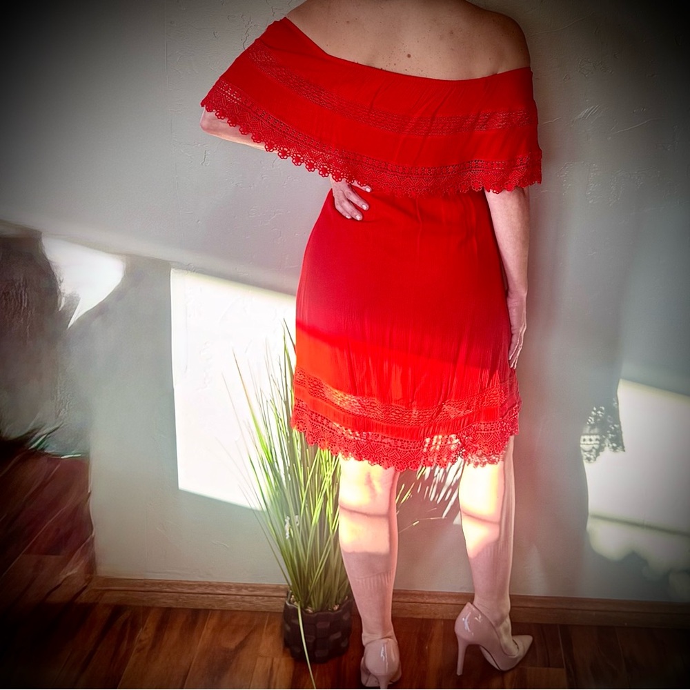 One The Land Off The Shoulder Red Lace Tie Waist Dress - Picture 4 of 7